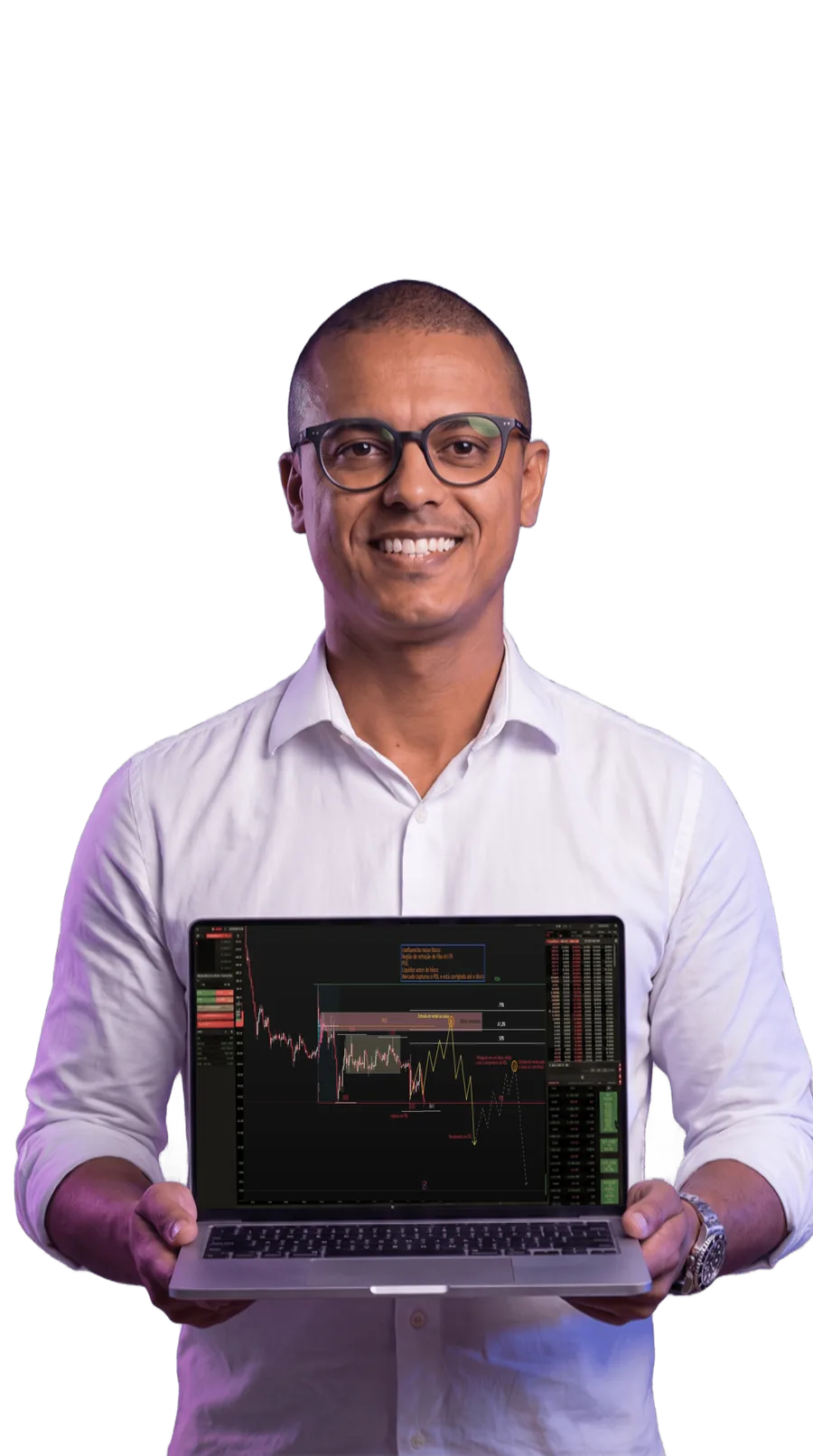 Filipe Bruno segurando um notebook com a análise no gráfico